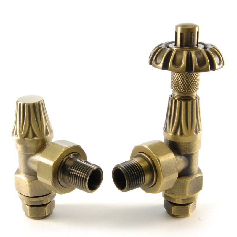 Plumbers Choice Abbey Angled Brass Thermostatic Radiator and Lock - Shield Valves