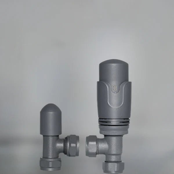 Plumbers Choice Angled Anthracite Thermostatic Radiator Valves & Lockshield 15mm (pair)