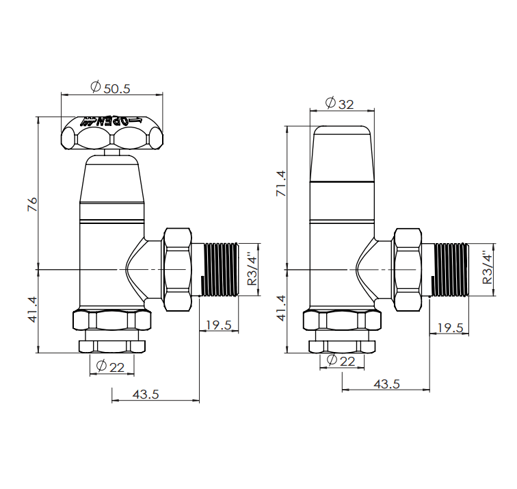 Plumbers Choice Black and Brass Old School Radiator Valves 3/4 inch - Chrome
