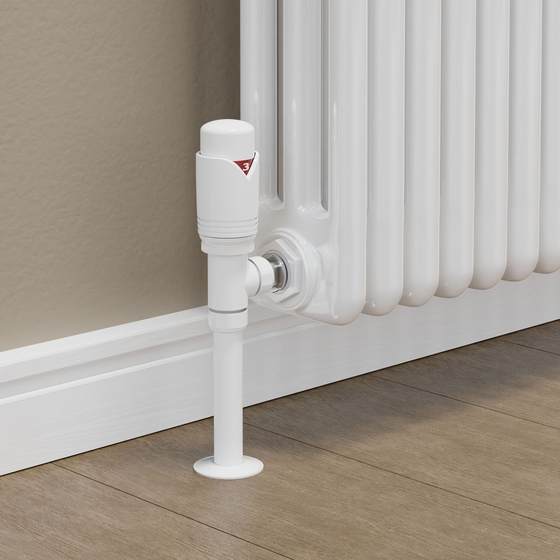 Plumbers Choice Realm Angled TRV All White Wheelhead & Lockshield