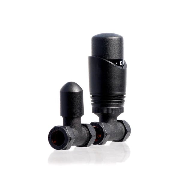 Plumbers Choice Straight Black Thermostatic Radiator Valves & Lockshield 15mm (1 pair)