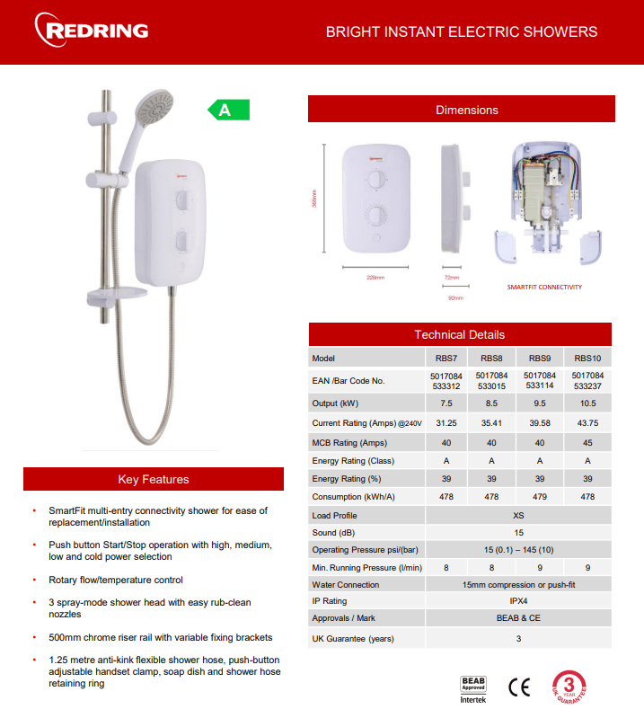 Redring Bright 10.5kW Electric Shower - White