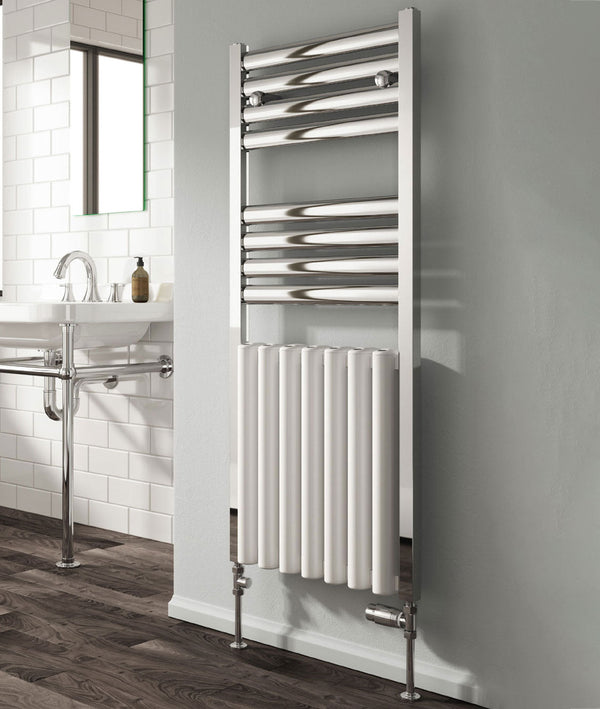 Reina Burton Polished White Aluminium Heated Towel Rail, 1180mm H x 485mm W