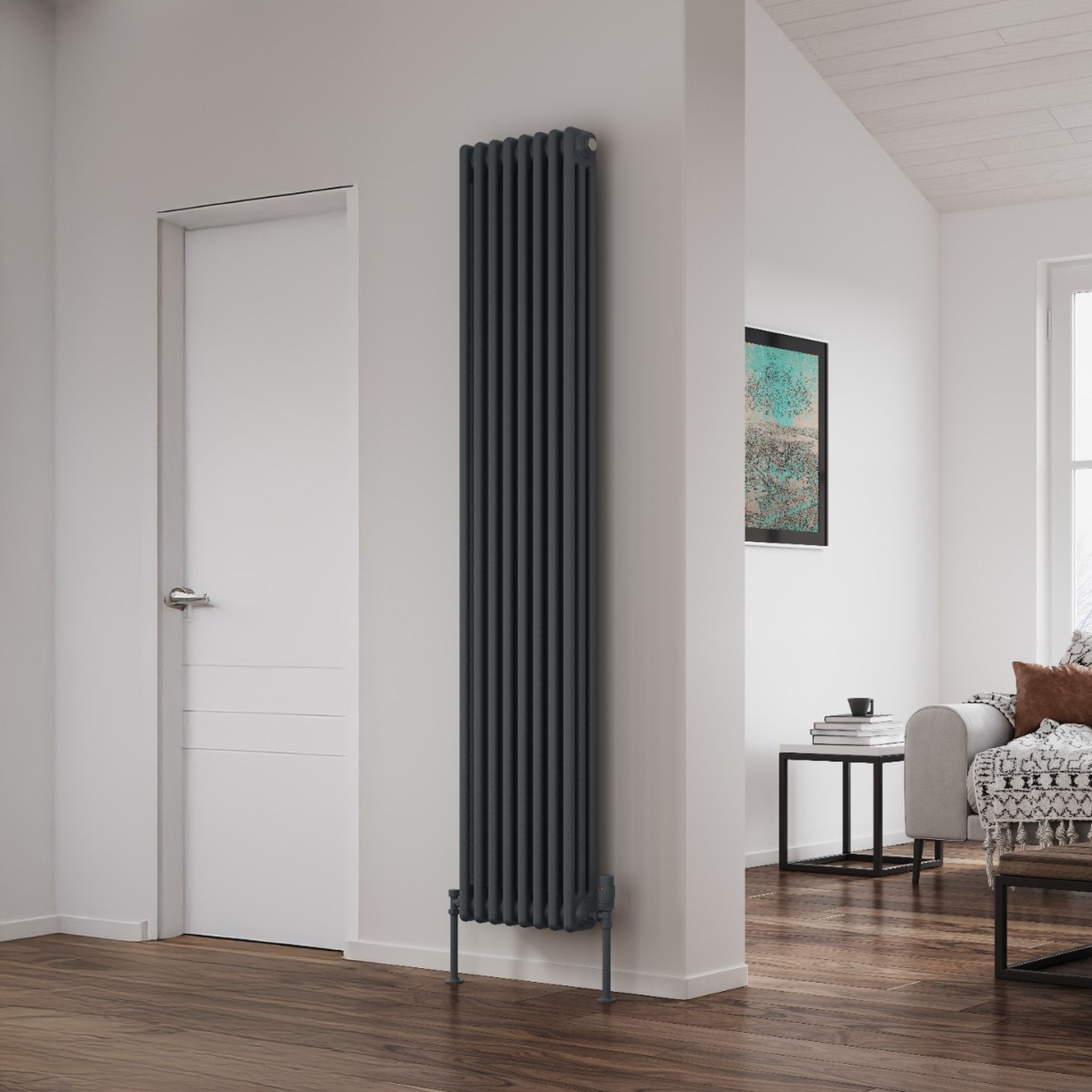 Reina Colona 3 column vertical radiator in Anthracite on a living room wall