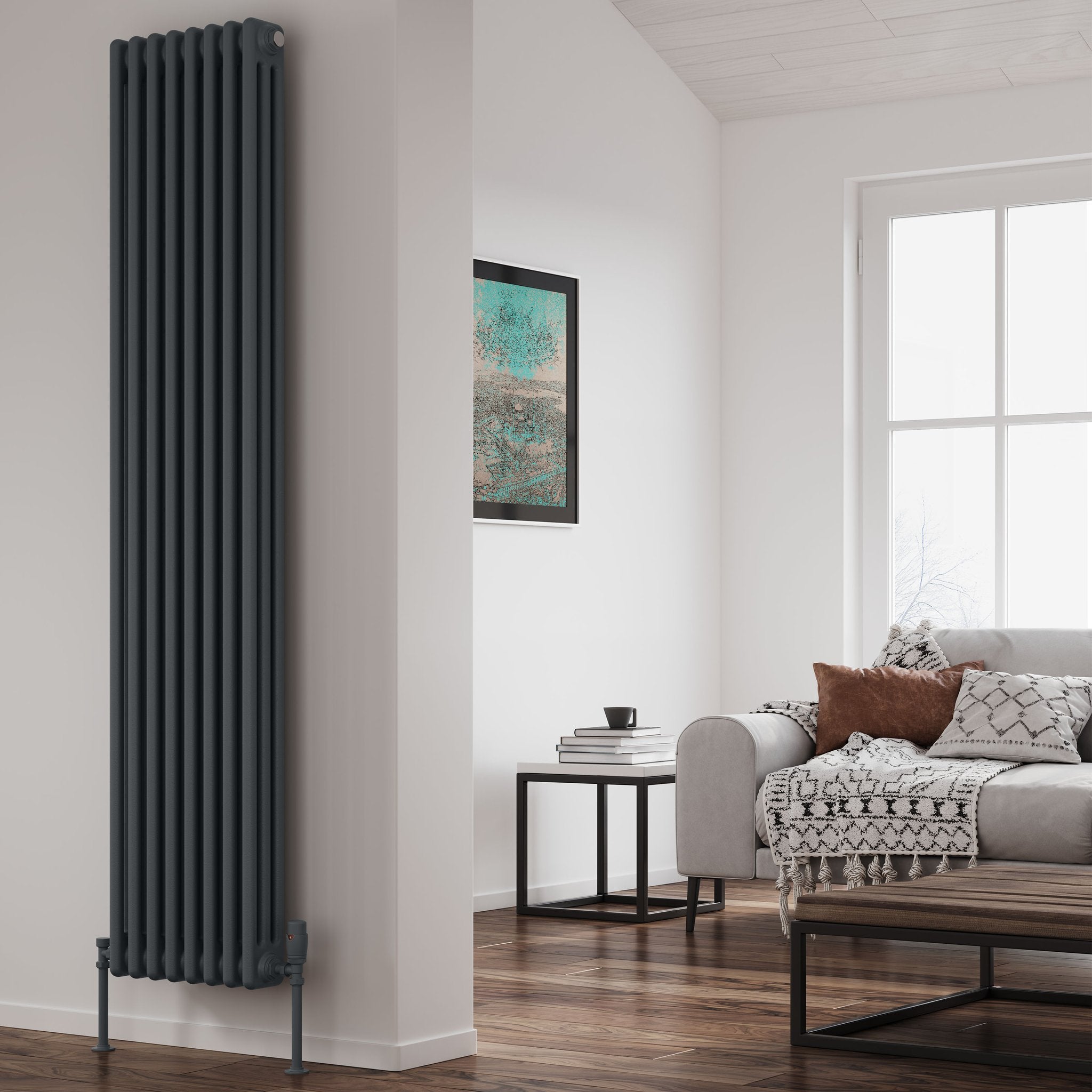 Reina Colona 3 column vertical radiator 1800mm x 380mm in Anthracite, living room setting