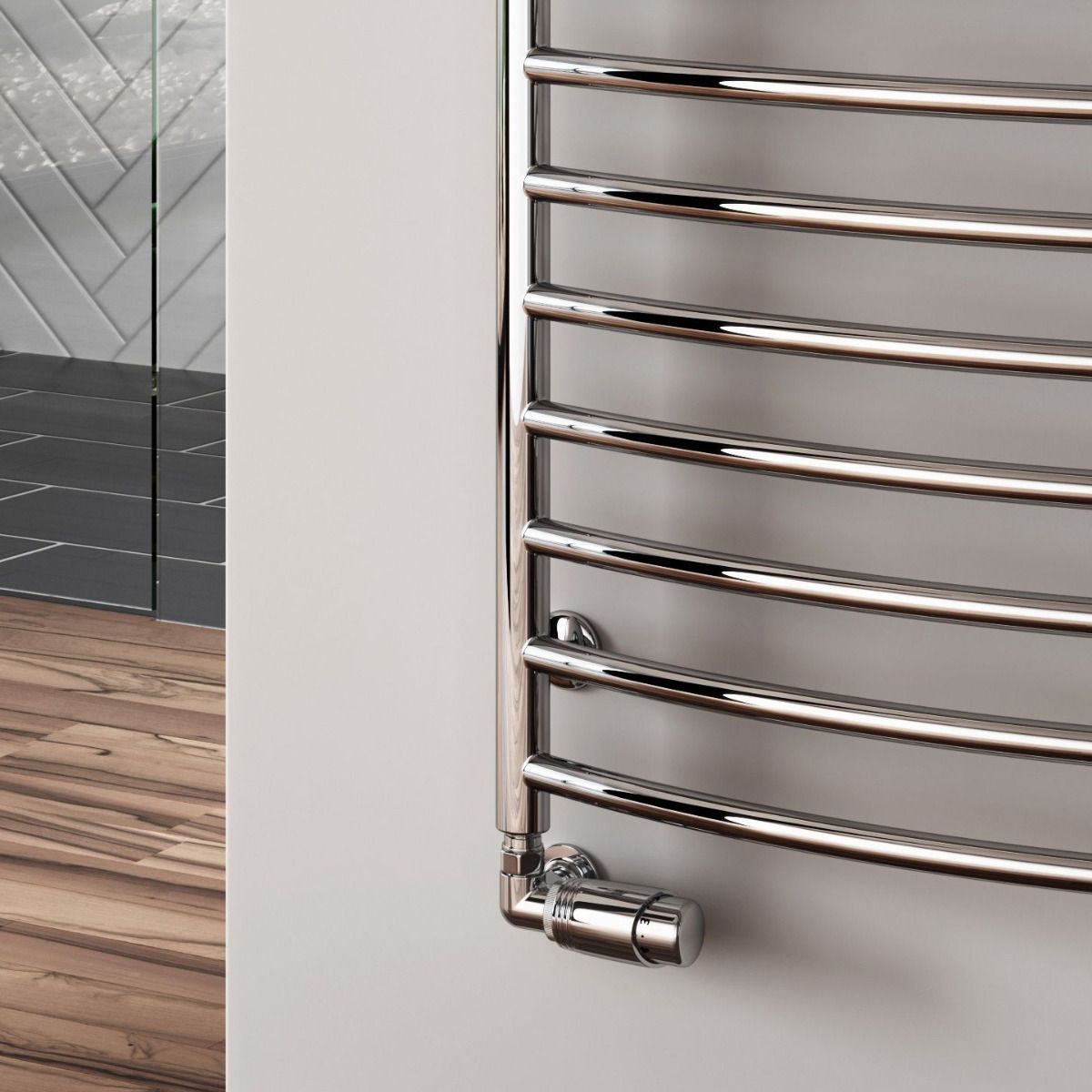Reina Eos Polished Curved Stainless Steel Heated Towel Rail (view 4)