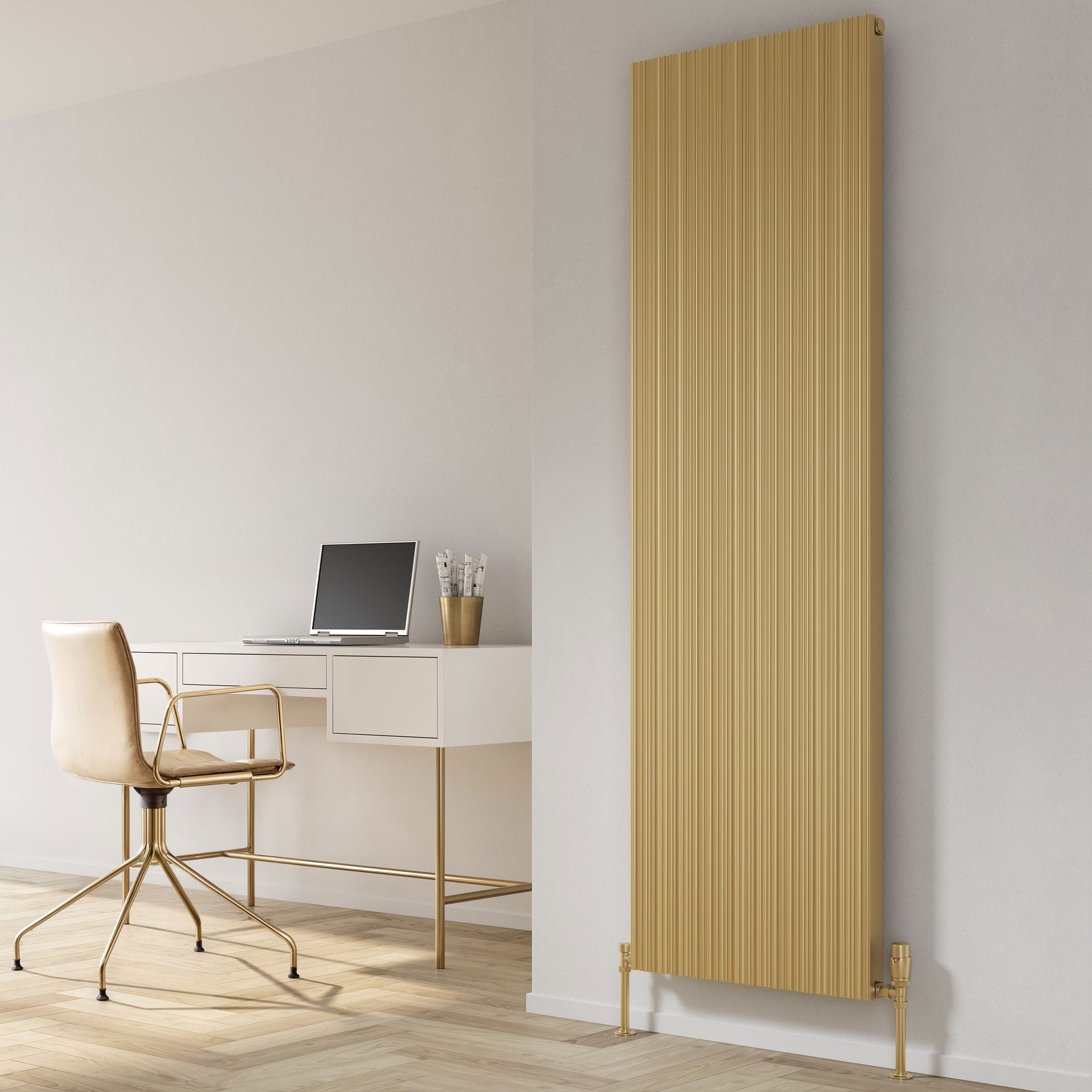 Reina Melvin radiator in Brass, home office room setting