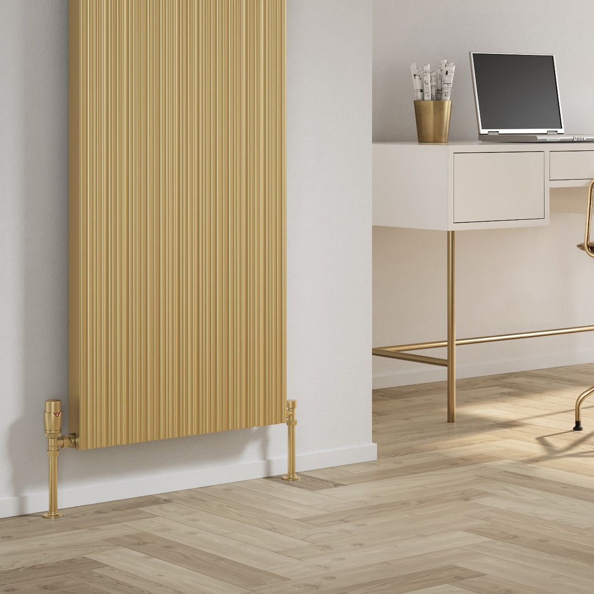 Reina Melvin radiator in Brass, room setting close-up