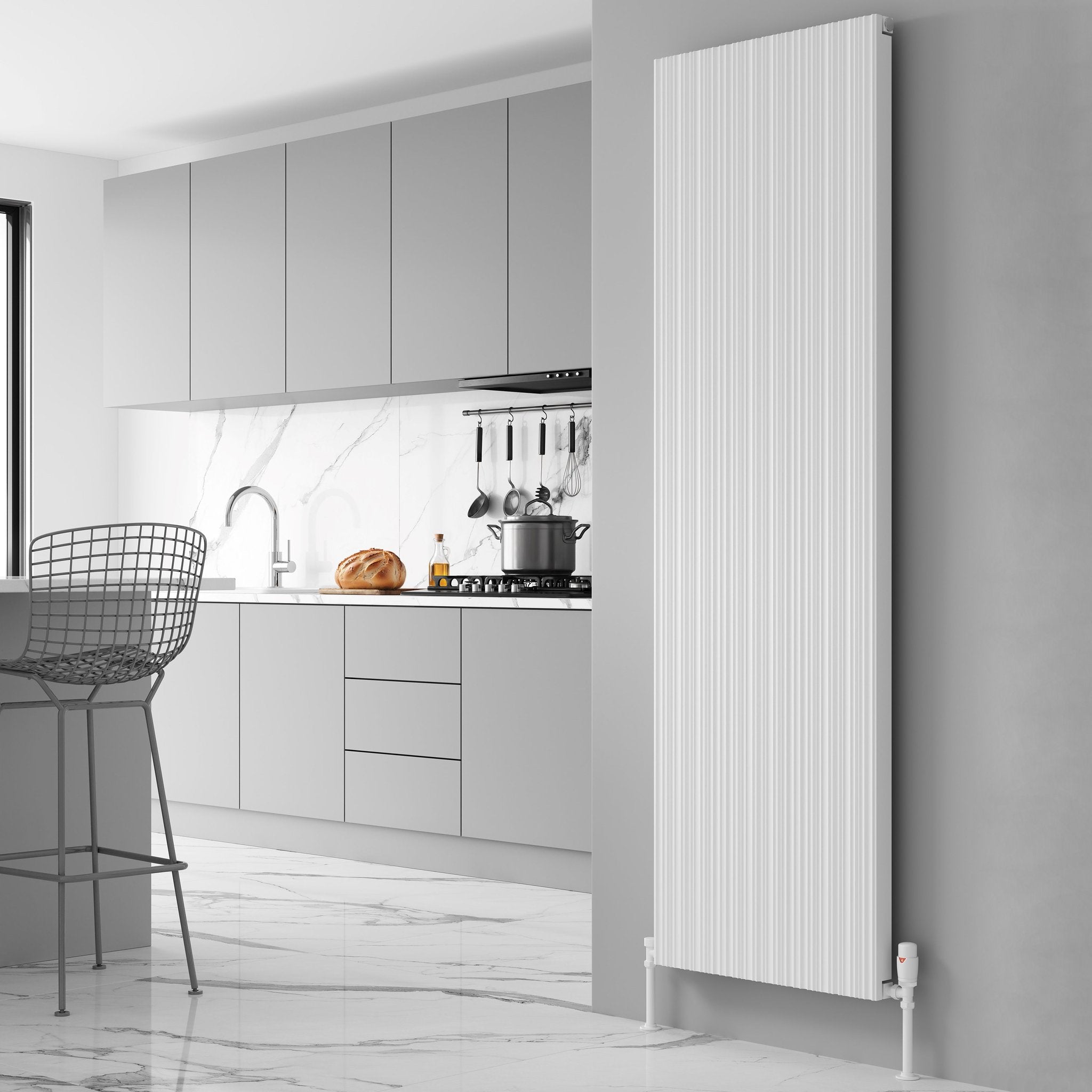 Reina Melvin radiator in White, kitchen room setting