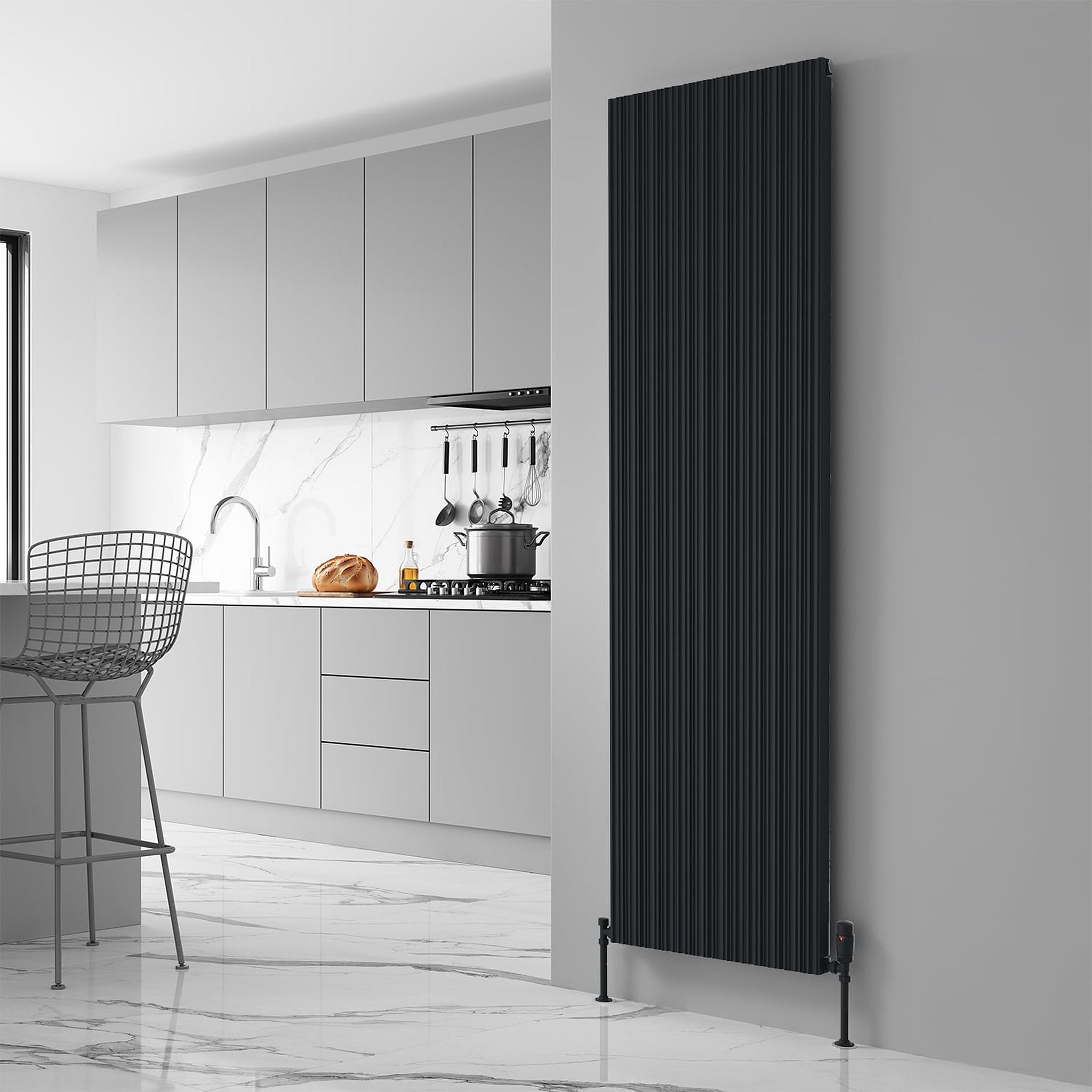 Reina Melvin radiator in Black, kitchen room setting