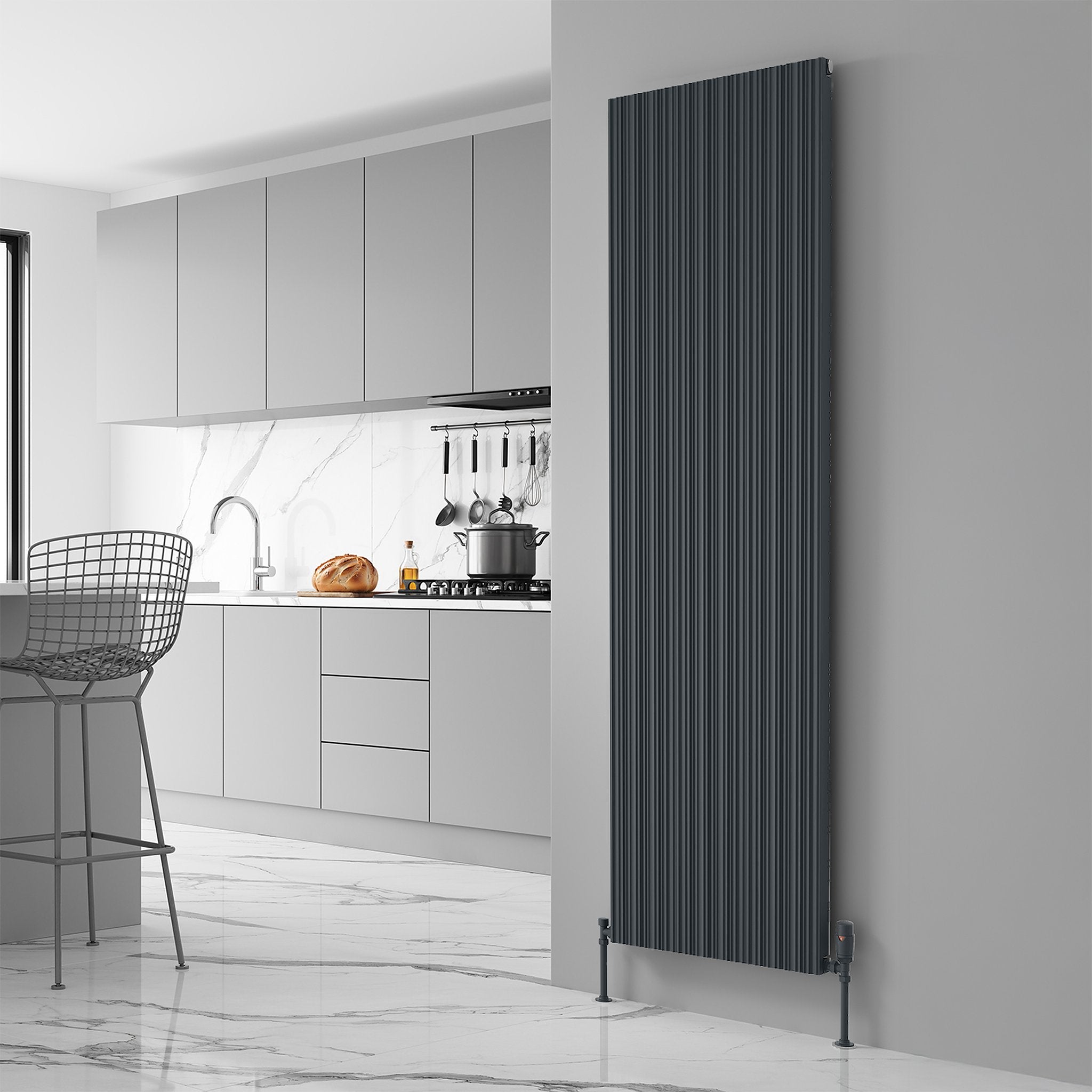 Reina Melvin radiator in Anthracite, kitchen room setting
