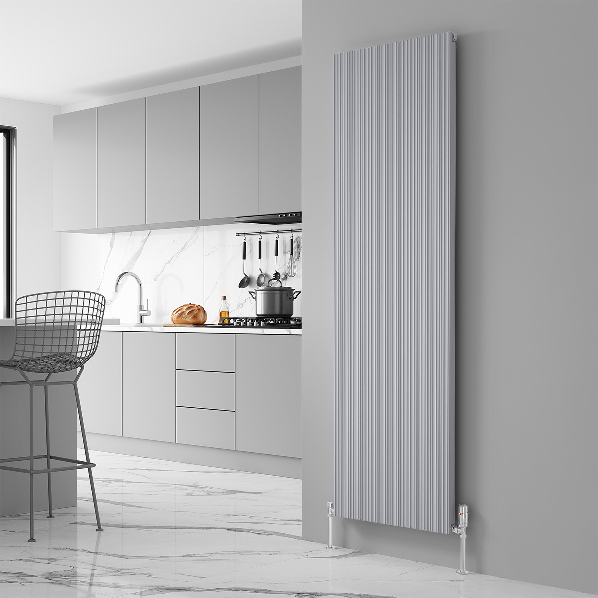 Reina Melvin radiator in Silver, kitchen room setting
