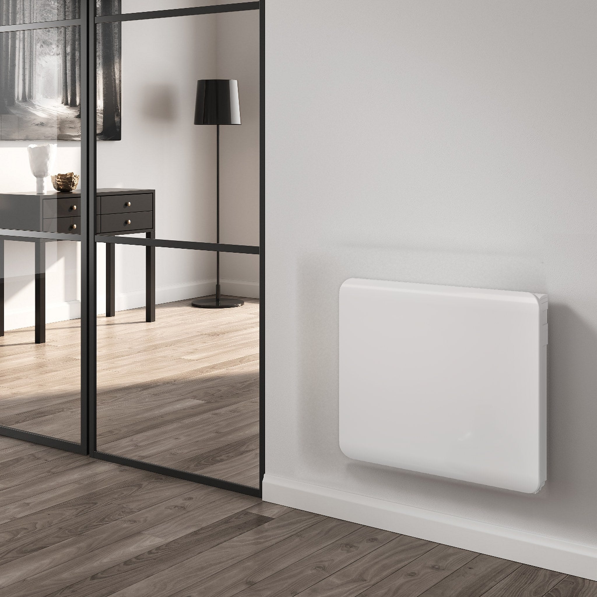 Reina Odet electric radiator 500mm x 600mm in White in a living space