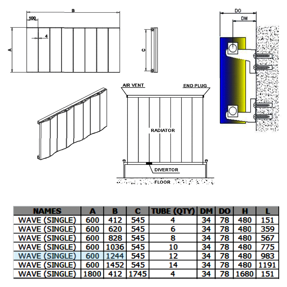 Reina Wave Anthracite Single Panel Aluminium Designer Radiator 600mm H x 1244mm W - Central Heating