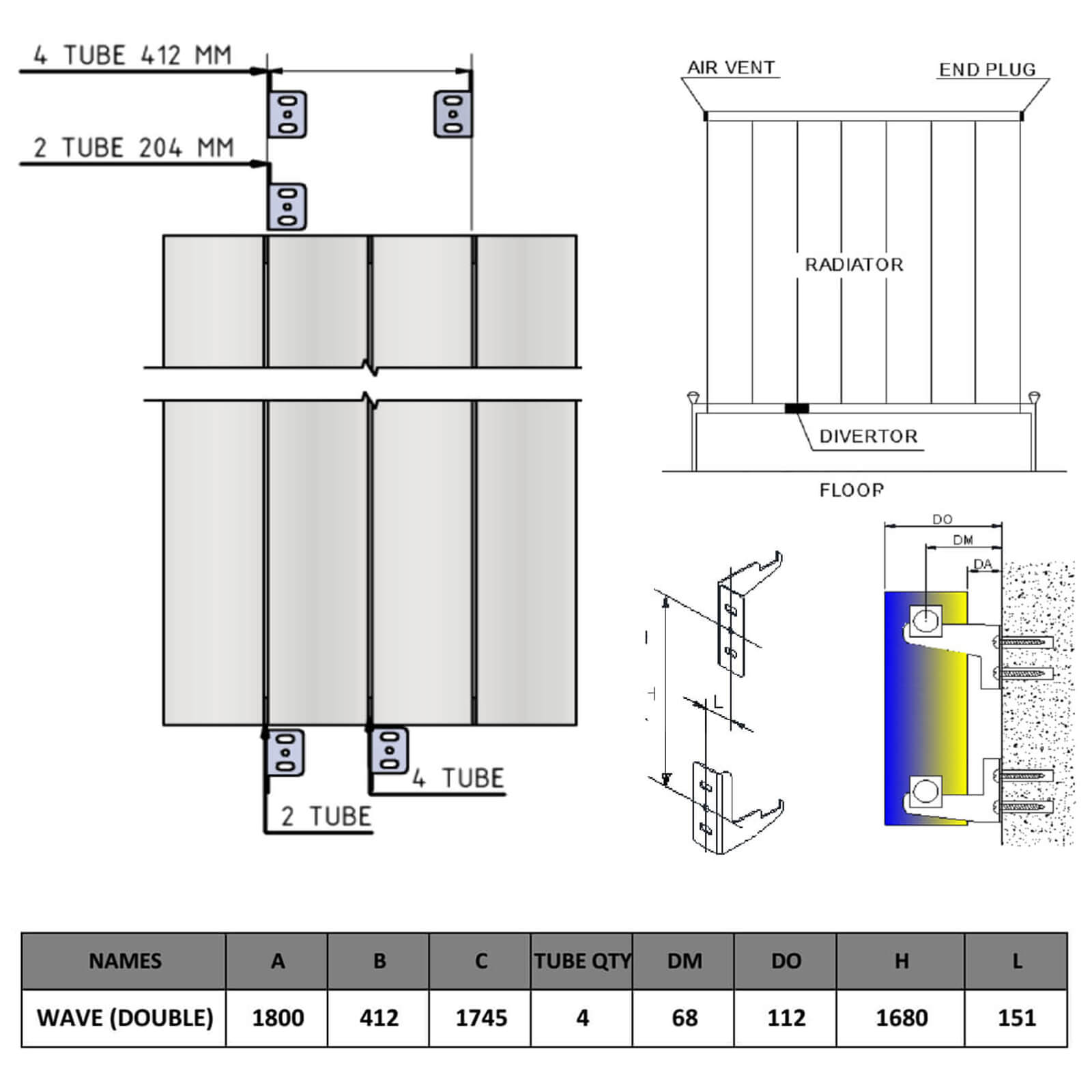 Reina Wave White Double Panel Vertical Aluminium Radiator, 1800mm H x 412mm W - Central Heating