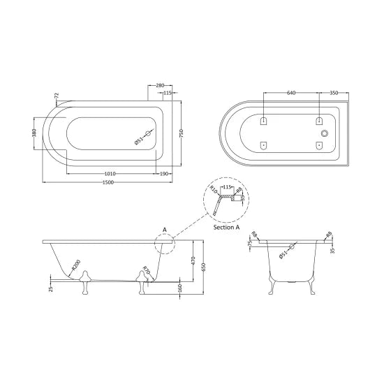 Hudson Reed Winterburn Traditional 1500mm x 750mm Roll Top Freestanding Shower Bath With Leg Set