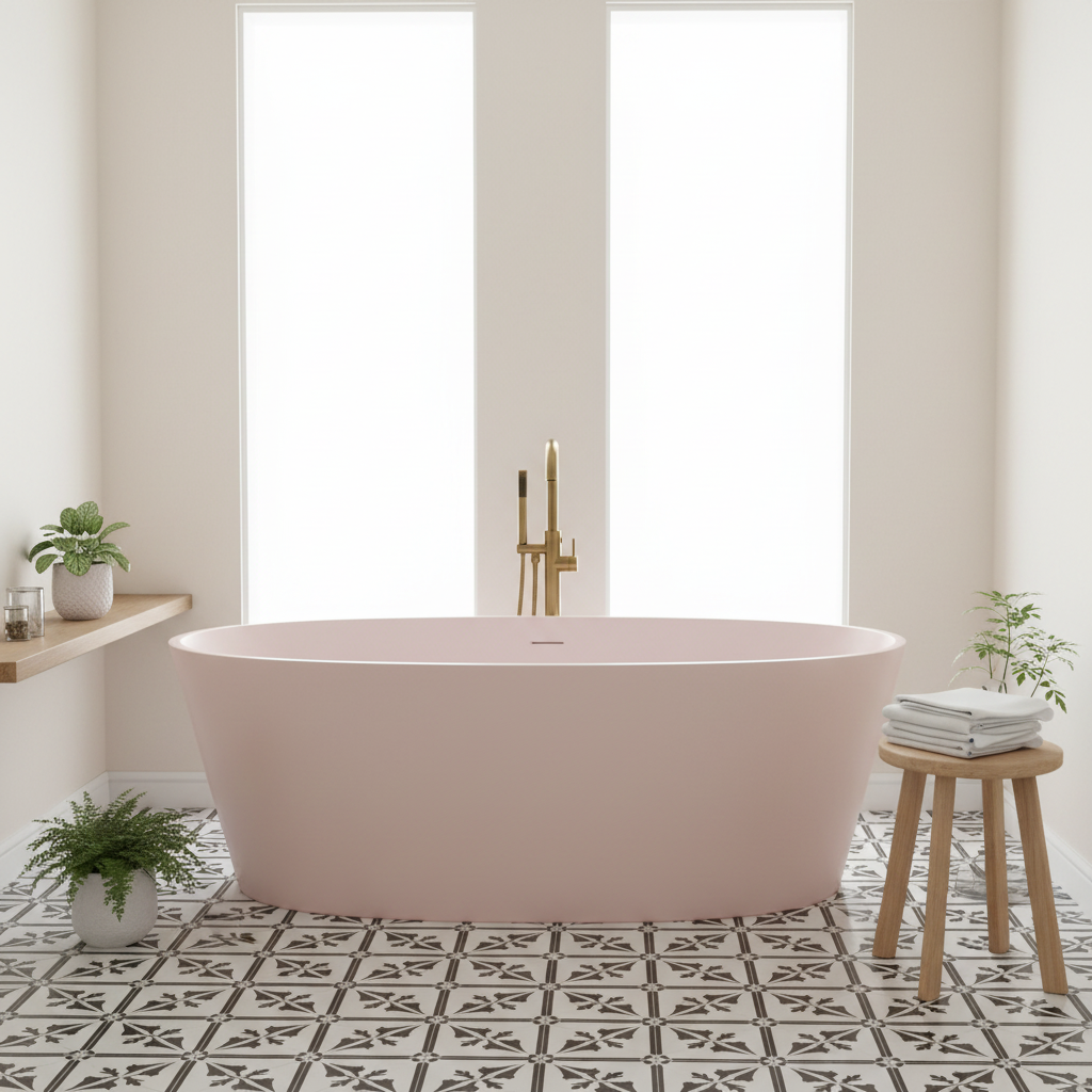 Rose pink bath with black and white tiles