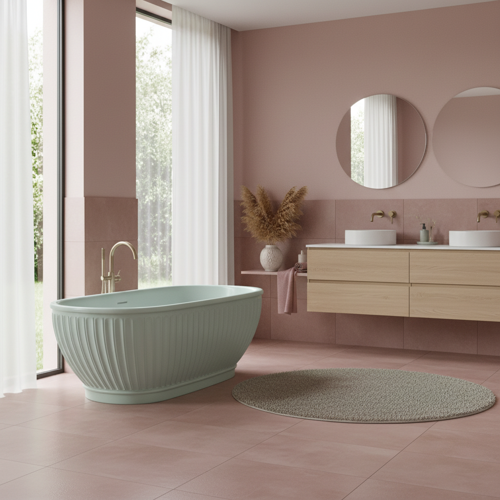 Sage green bathtub with dusty pink features