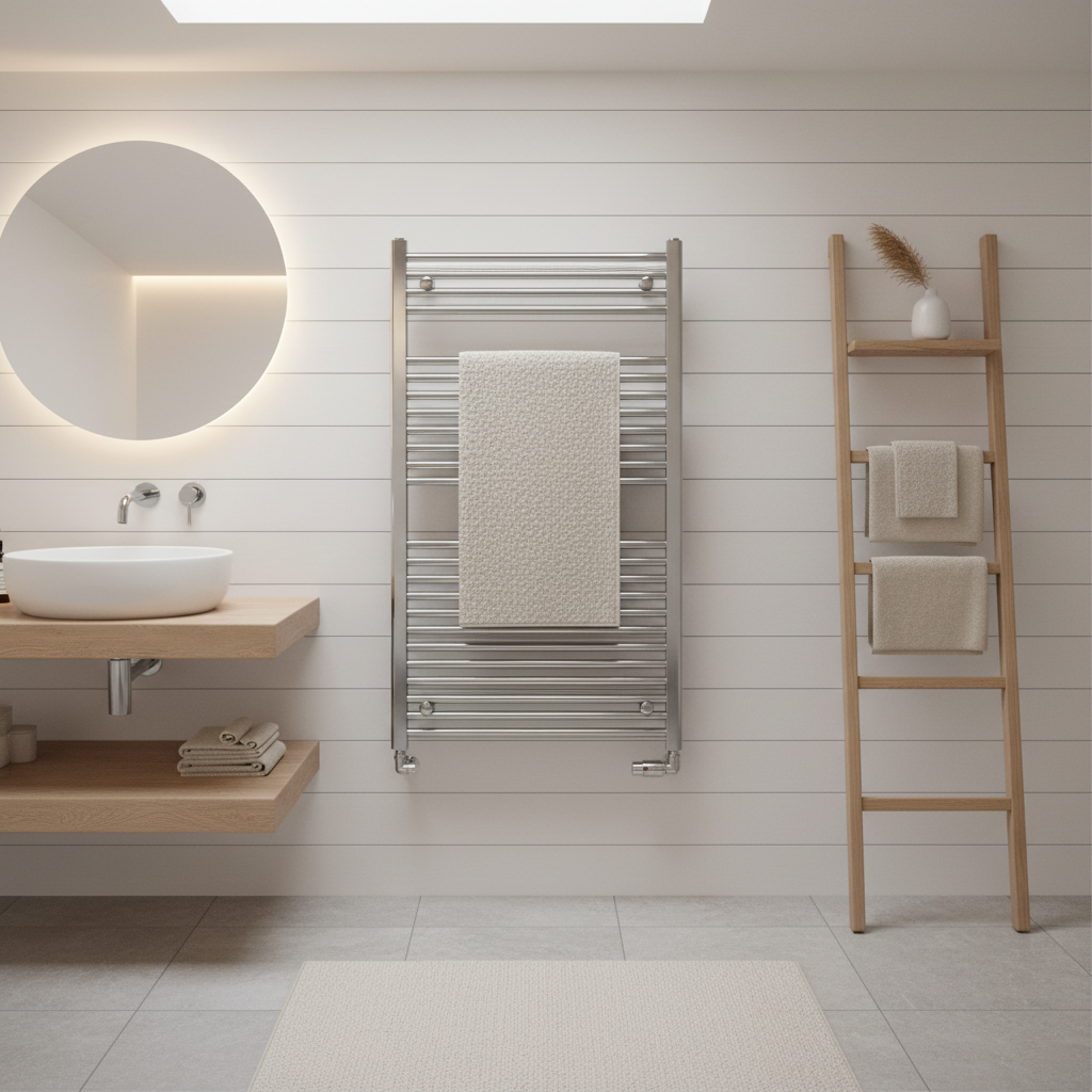 Scandinavian bathroom with chrome towel radiator