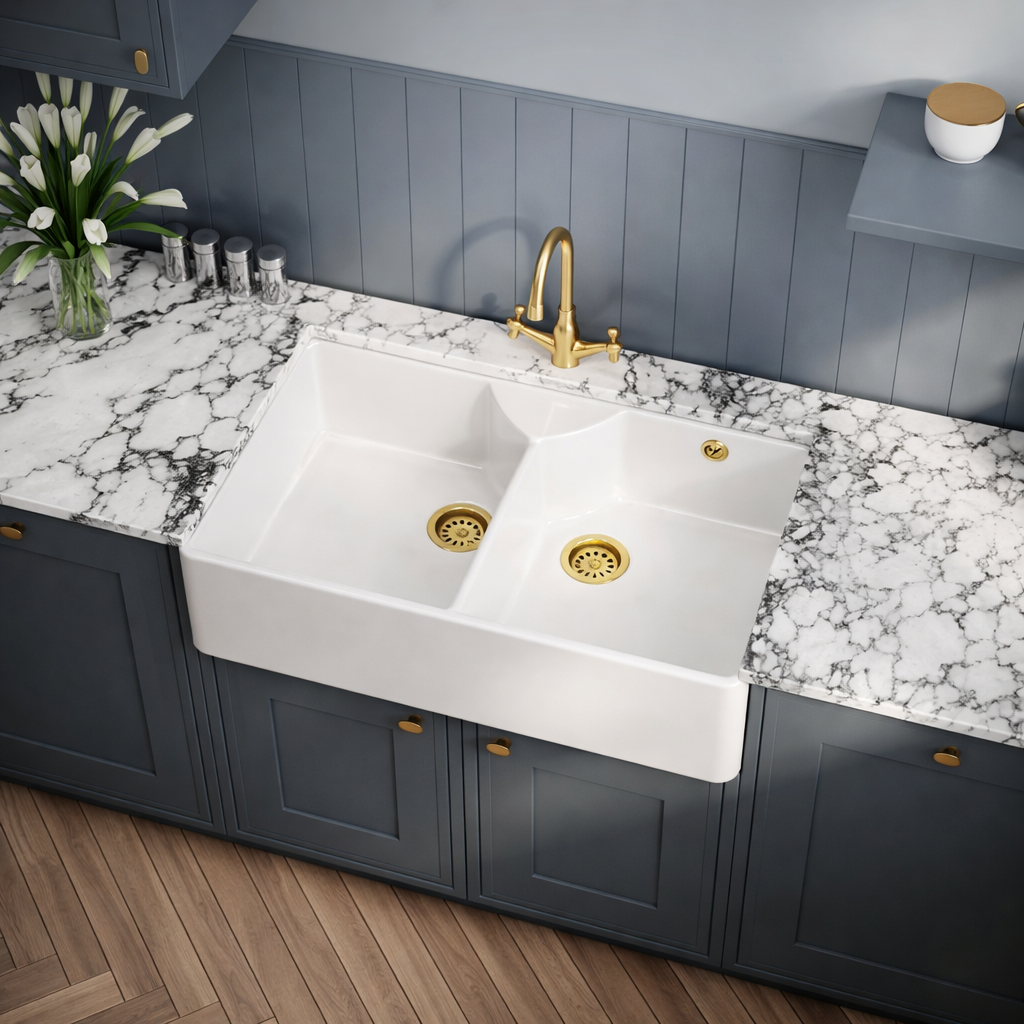 Nuie - Double Bowl Butler Sink – Fireclay Kitchen Sink - White