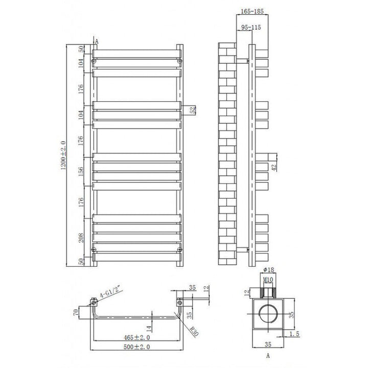 Tailored Auckland Brushed Brass Designer Heated Towel Rail, 1200mm H x 500mm W