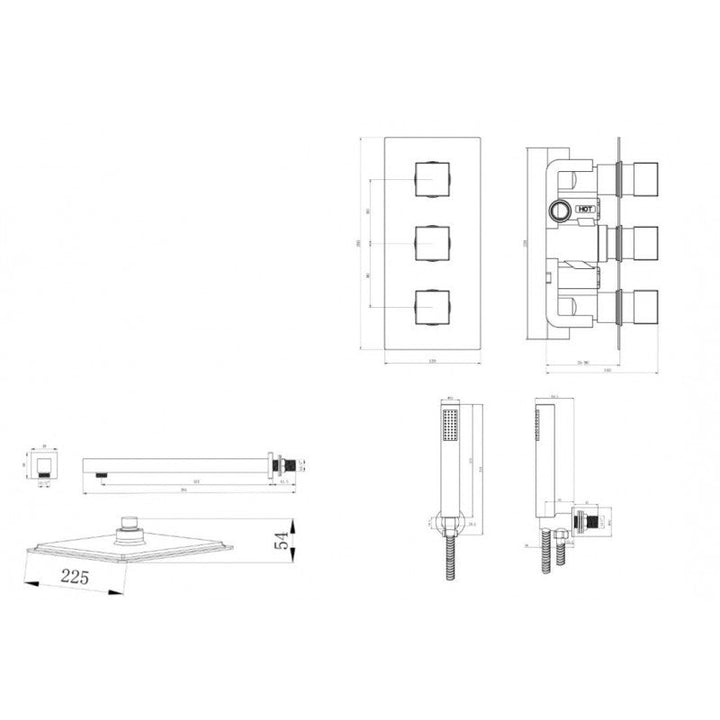 Tailored Chrome Square Concealed Thermostatic 3 Handle 2 Way Shower Kit