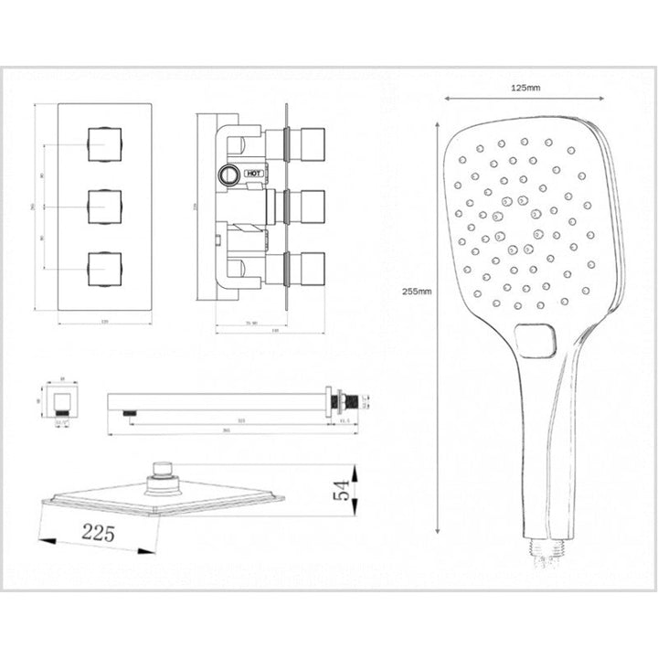 Tailored Orca Black Square Concealed Thermostatic 3 Handle 2 Way Shower Kit