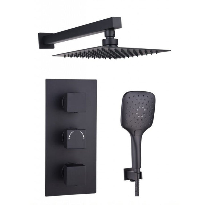 Tailored Orca Black Square Concealed Thermostatic 3 Handle 2 Way Shower Kit