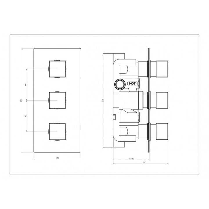 Tailored Square Chrome Concealed Thermostatic 3 Handle 3 Way Shower Valve