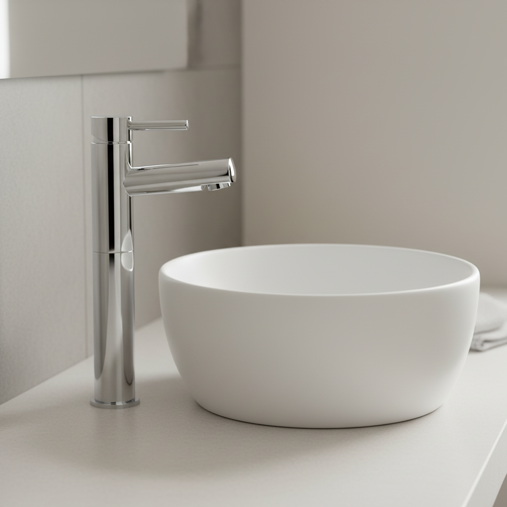 Tall chrome basin mixer with countertop basin