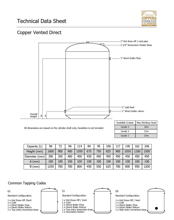 Telford Standard Vented Direct Copper Hot Water Cylinders