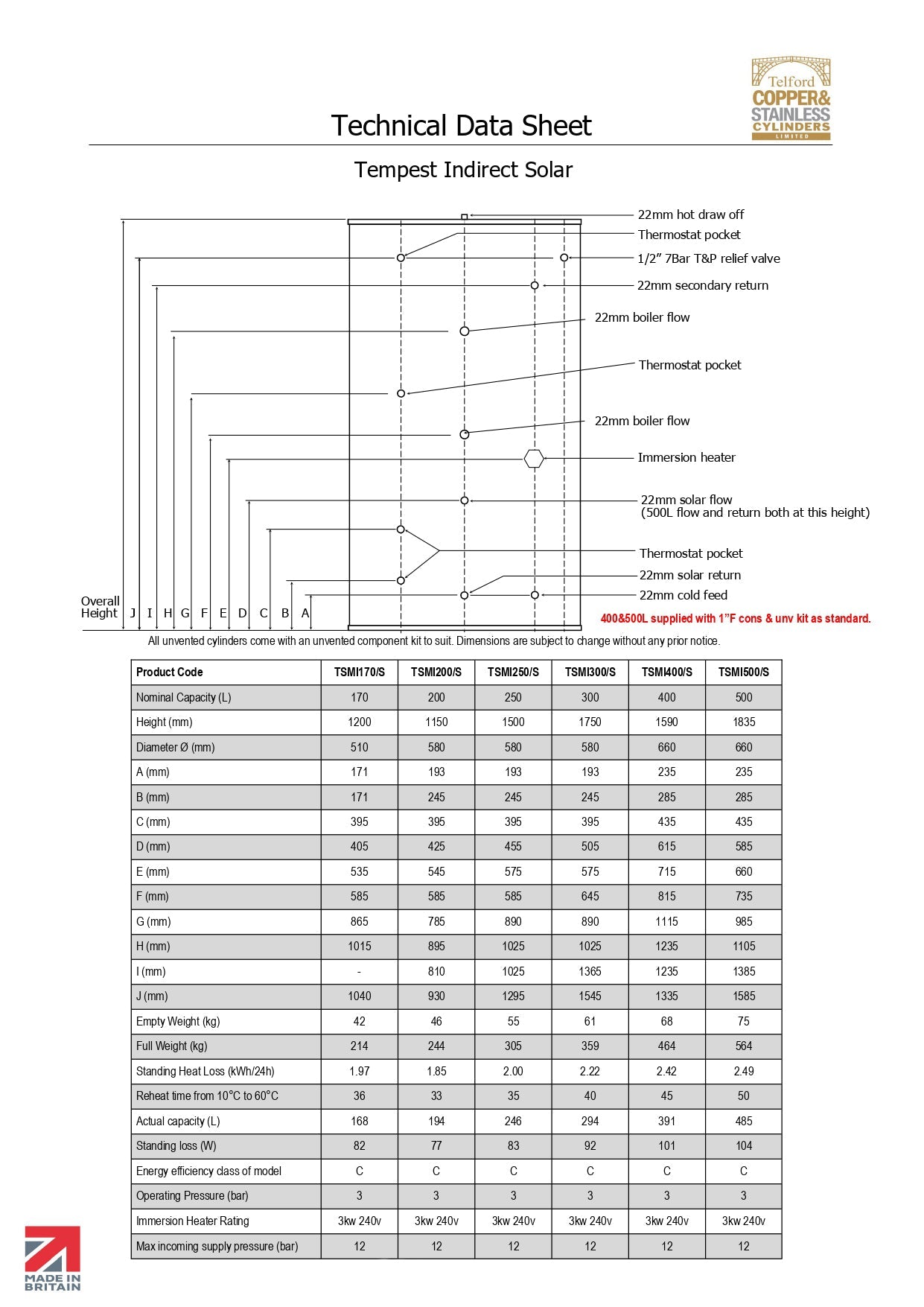 Telford Tempest Direct Unvented Solar Cylinder