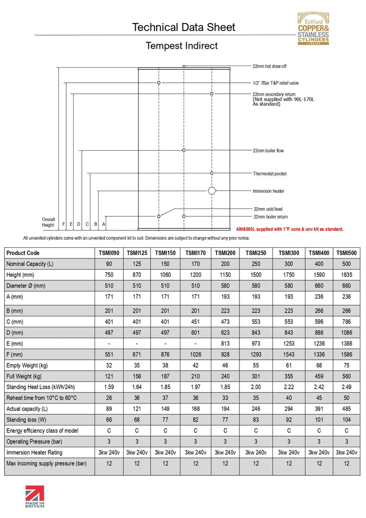 Telford Tempest Indirect Stainless Steel Unvented Heater Cylinders