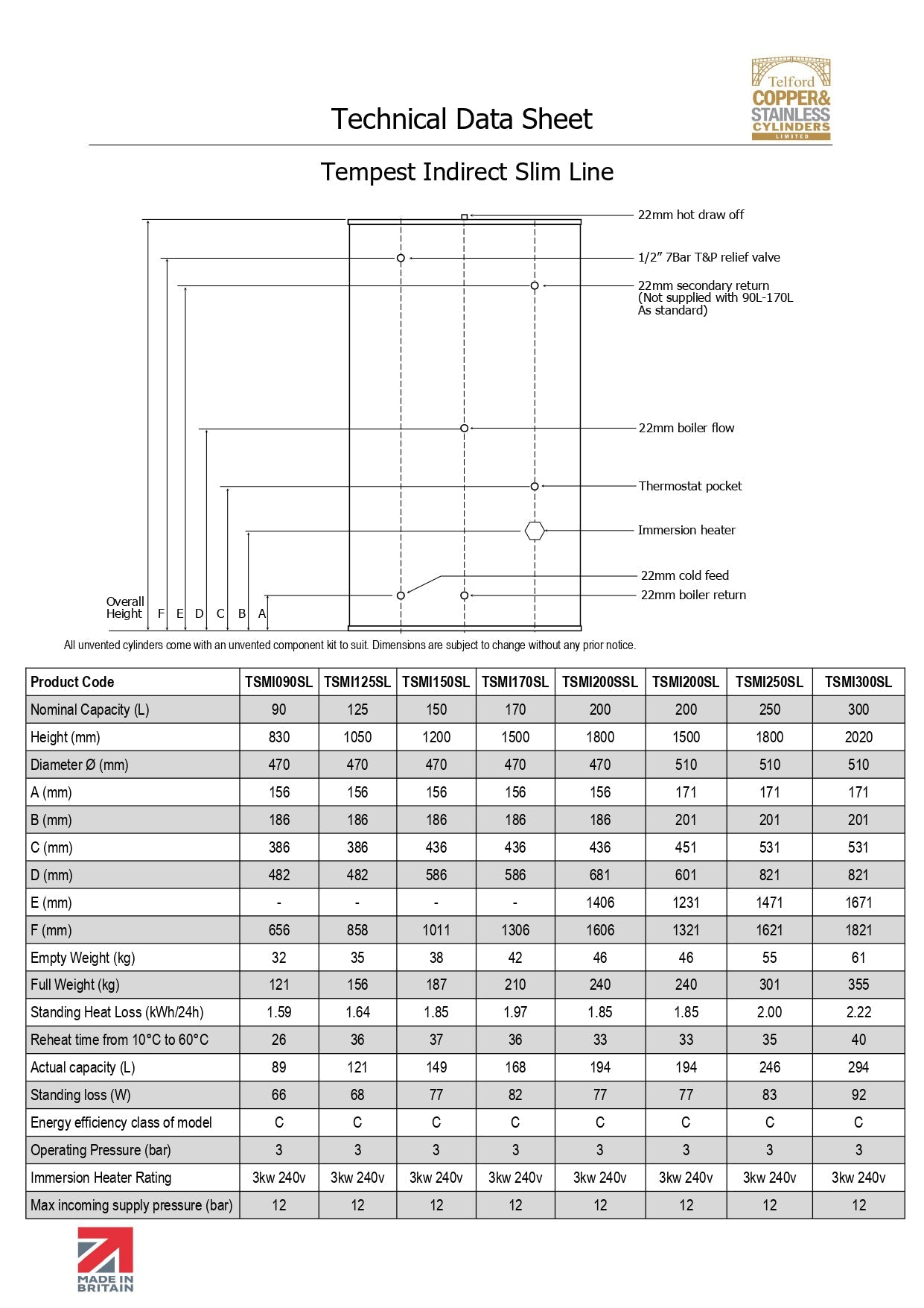 Telford Tempest Indirect Stainless Steel Unvented Slim Line Heater Cylinders