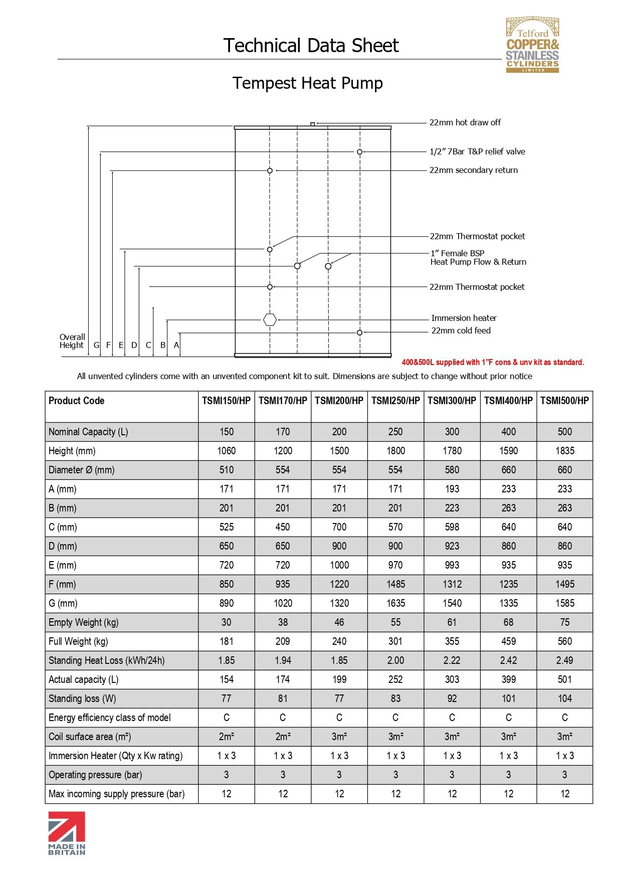 Telford Tempest Indirect Unvented Heat Pump Cylinder
