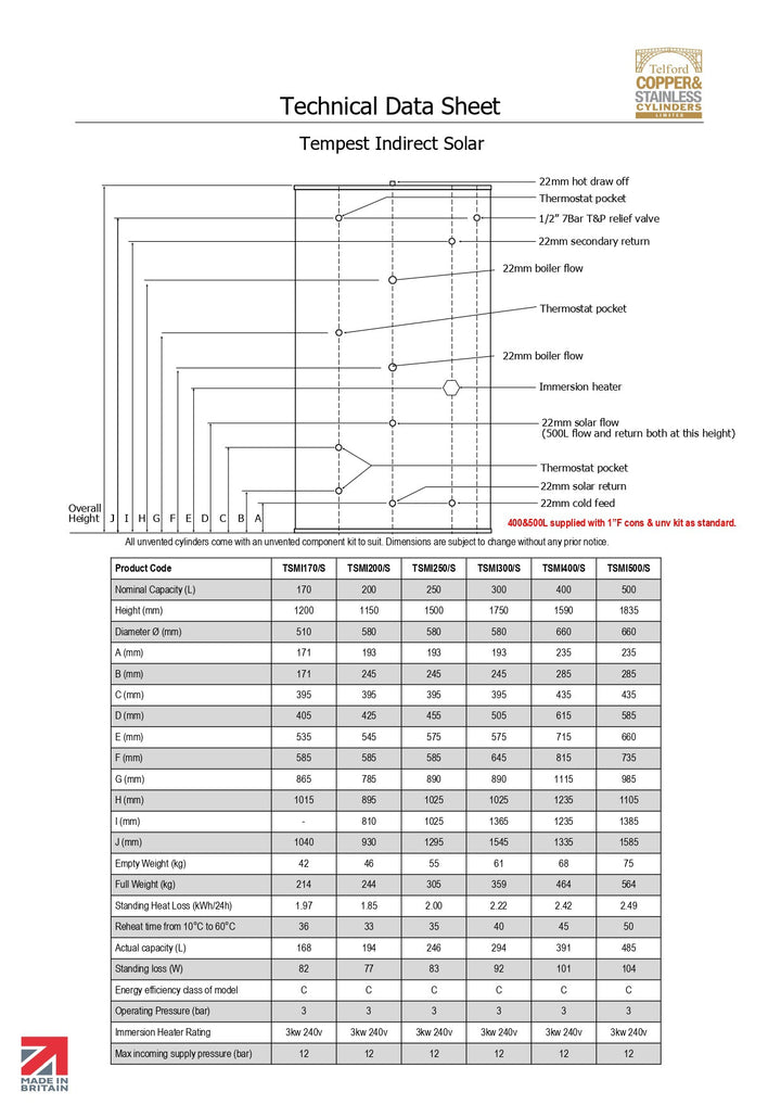 Telford Tempest Indirect Unvented Solar Cylinder