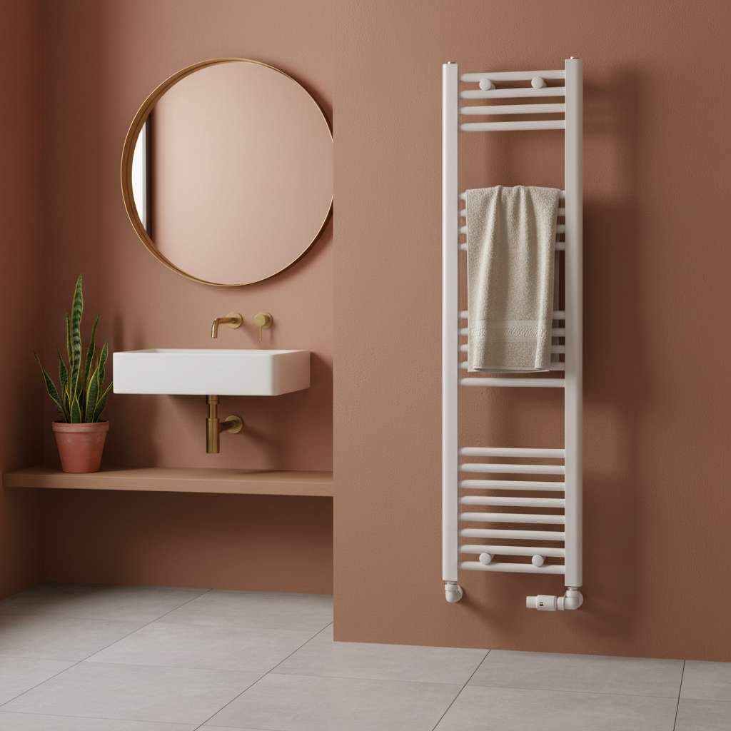 Terracotta bathroom with white towel radiator