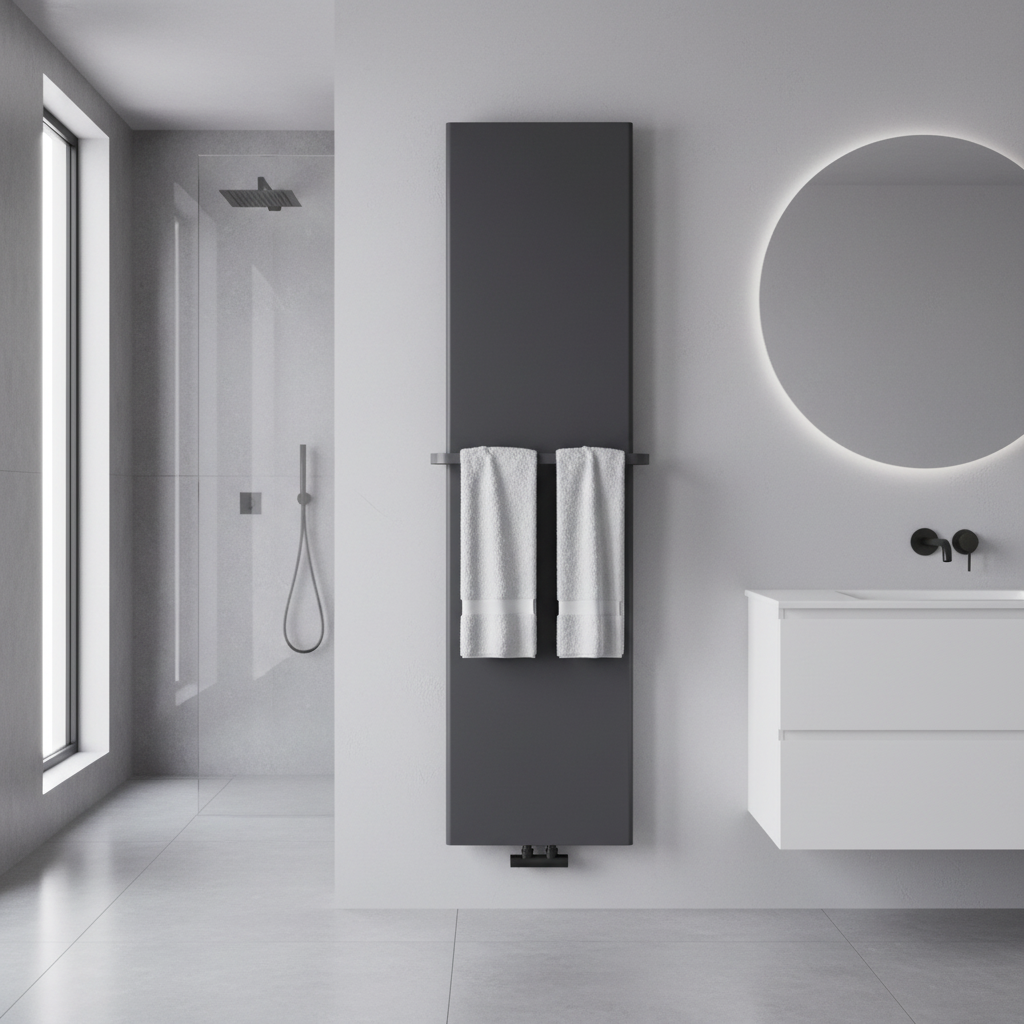 Towel bar on radiator in bathroom setting