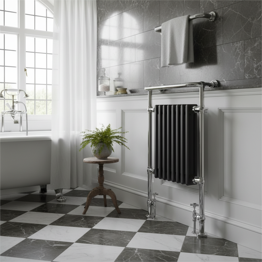 Traditional bathroom with chrome and black radiator