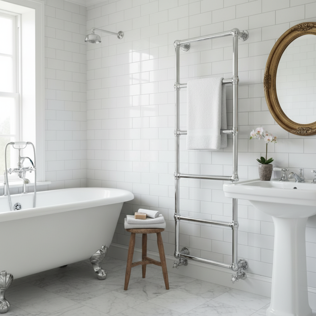 Traditional bathroom with chrome towel radiator