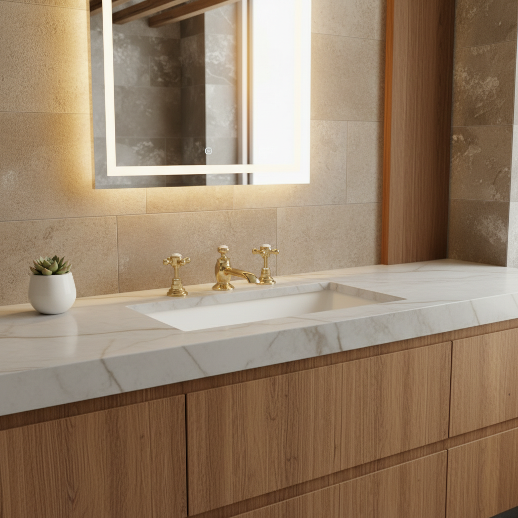 Traditional brass tap set in modern bathroom with subtle warmth