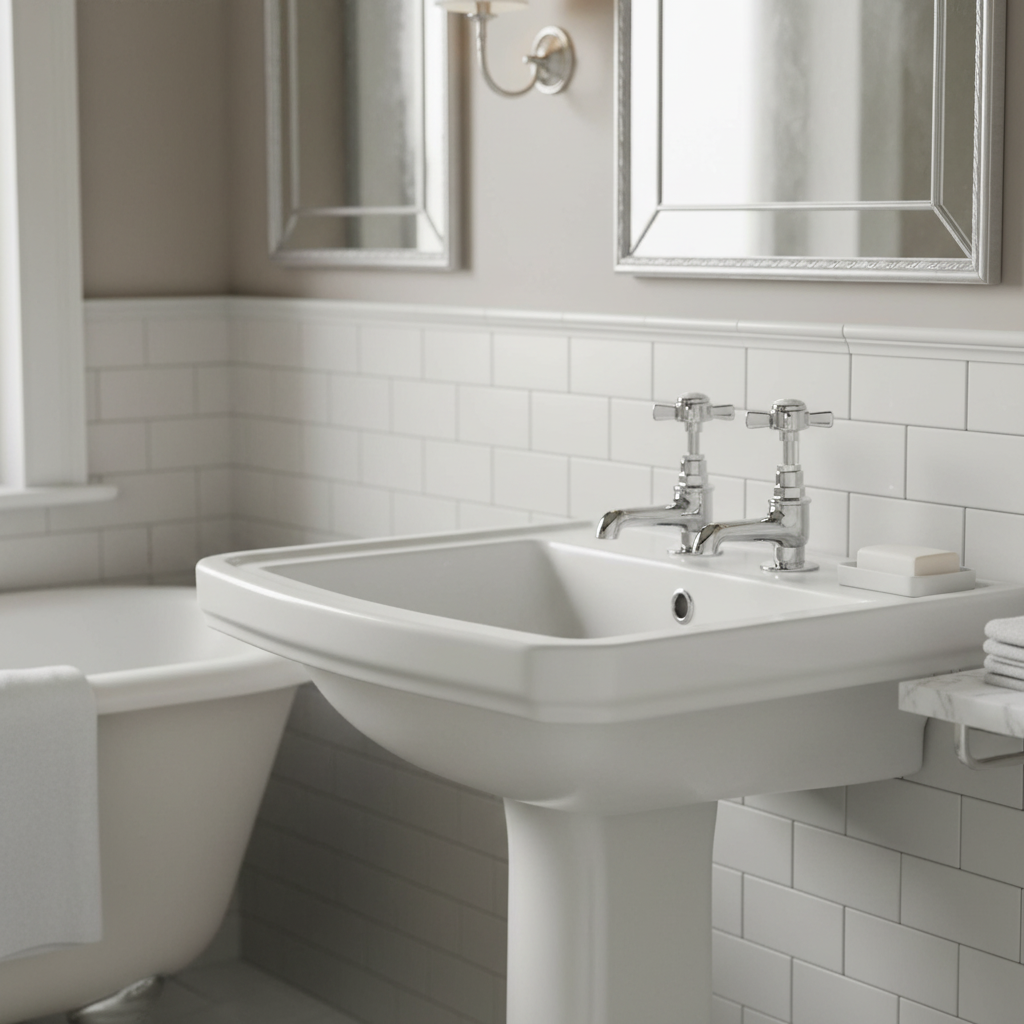 Traditional chrome basin pillar taps in bathroom setting