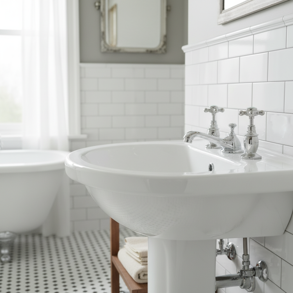 Traditional chrome basin taps in bathroom setting