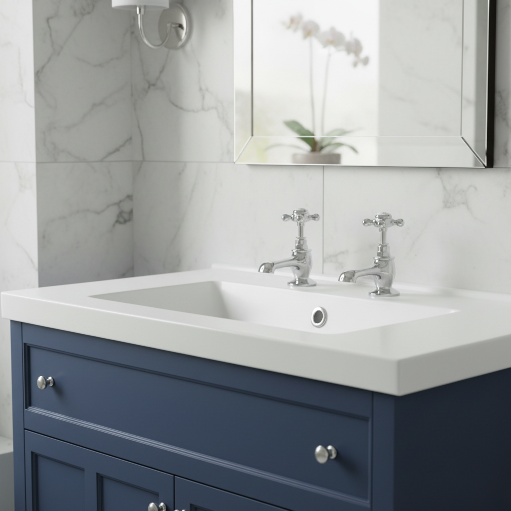 Traditional chrome taps on deep blue vanity