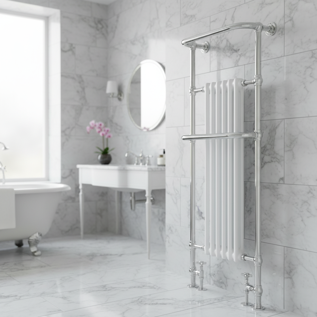 Traditional heated towel rail in luxury bathroom - square format