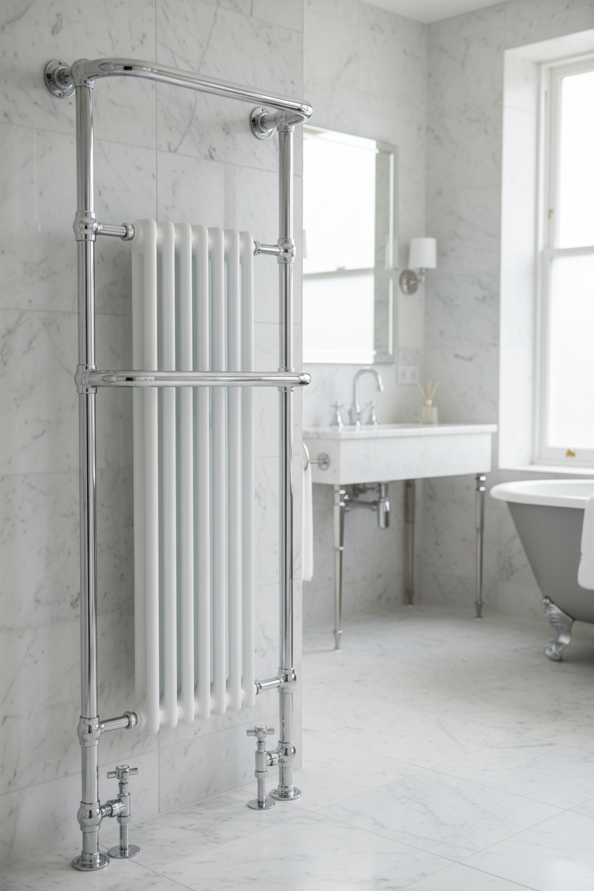 Traditional heated towel rail in luxury bathroom without towels