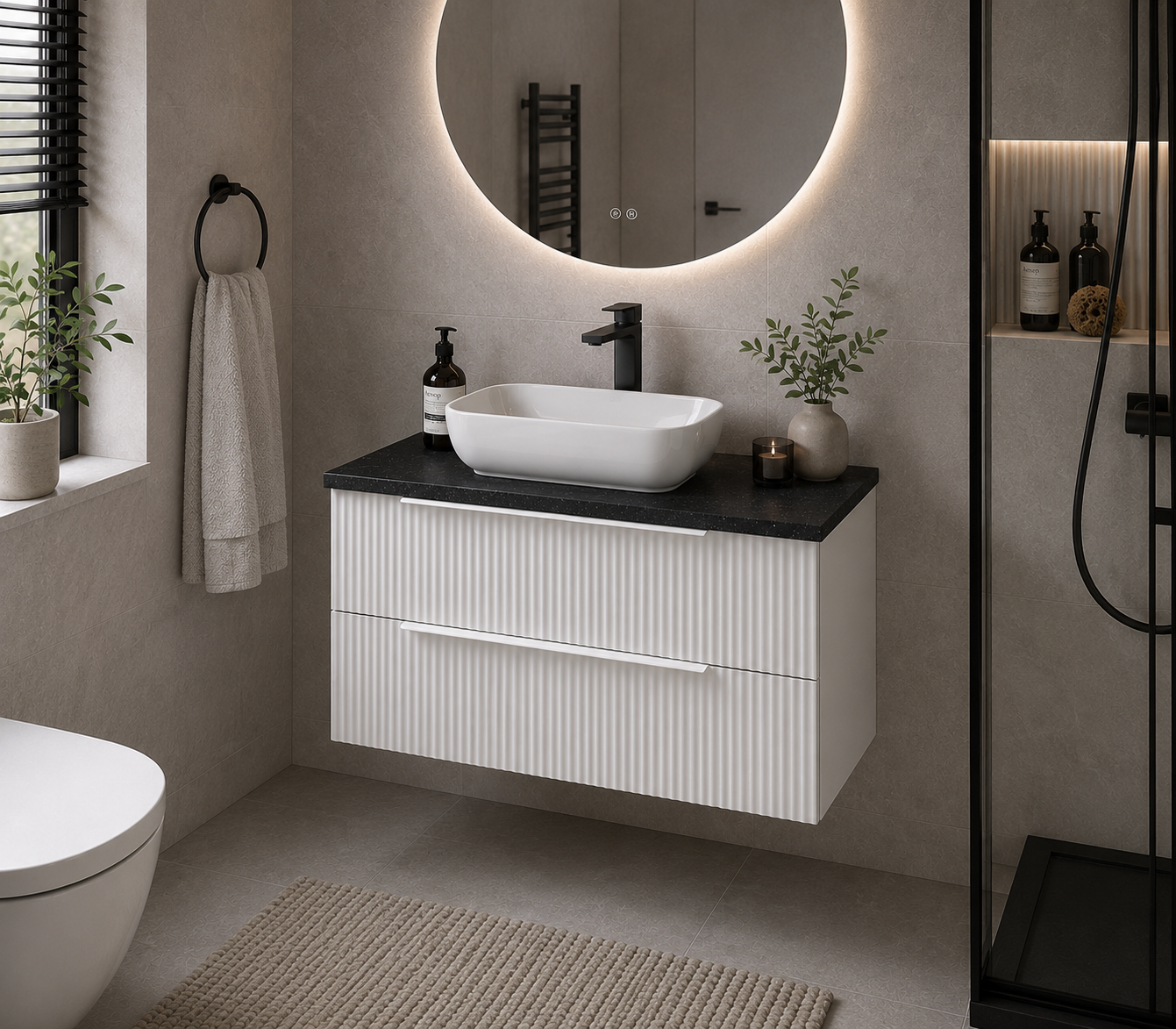 Hudson Reed - Fluted 800mm Wall Hung 2 Drawer Vanity & Laminate - Top Silver sparkle