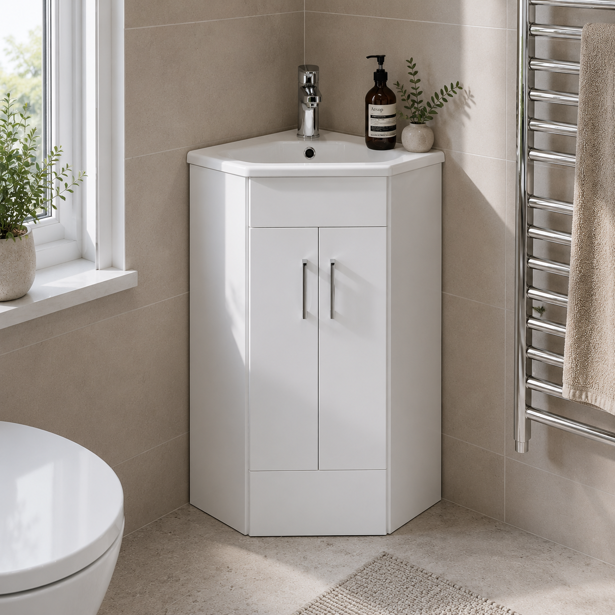 Nuie - Floor Standing 2 Door Corner Vanity Unit with Ceramic Basin