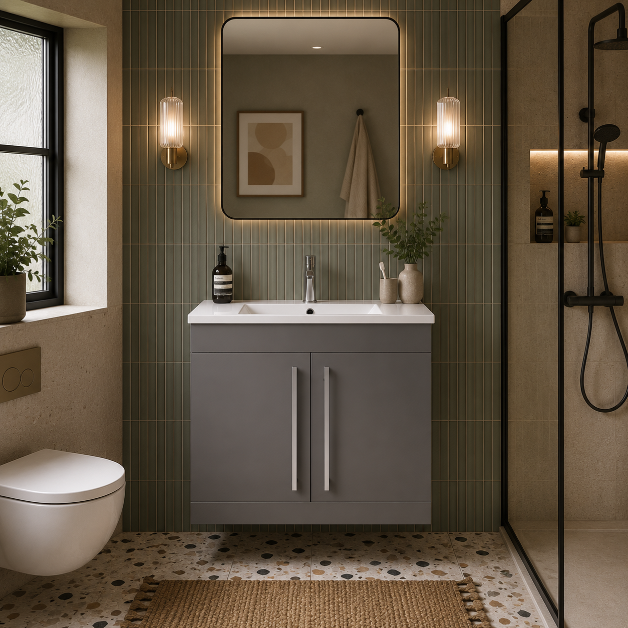 Kartell - F/S 2 Door Vanity Unit with Ceramic Basin 800mm x 450mm Storm Grey Gloss