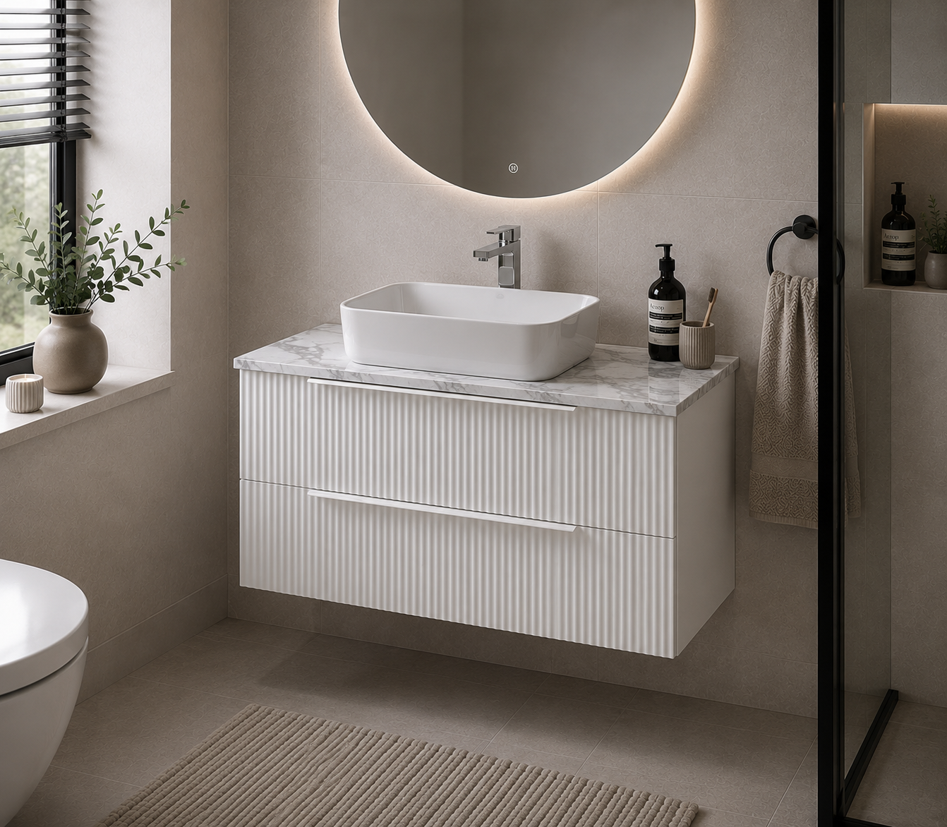 Hudson Reed - Fluted 800mm Wall Hung 2-Drawer Vanity & Laminate Worktop - White
